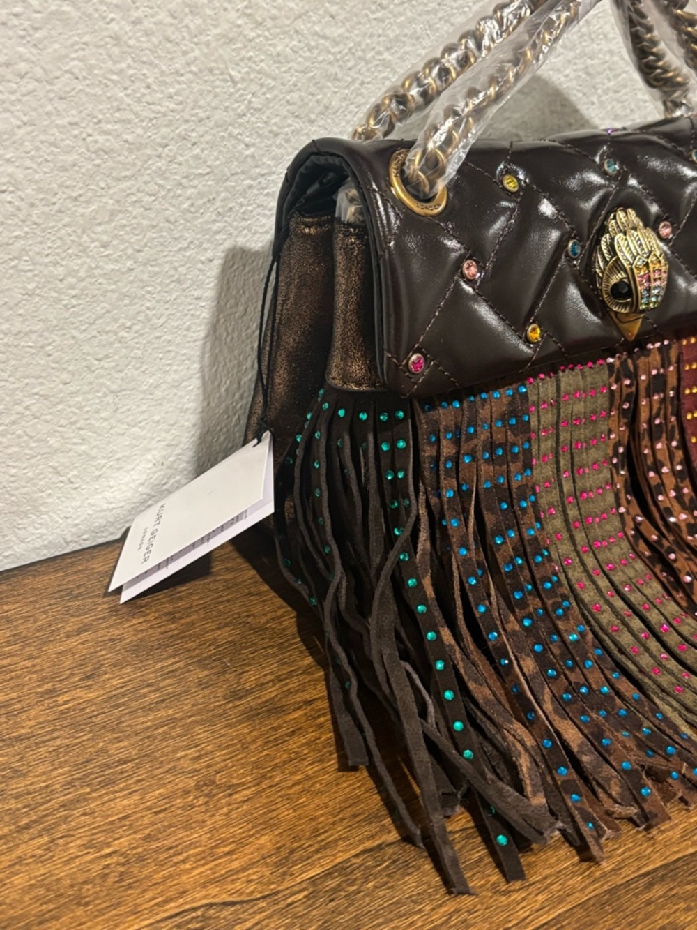 Kurt Geiger Mini Kensington Leather Fringe Crossbody Bag with Multicolor Studs - Picture 4 of 15